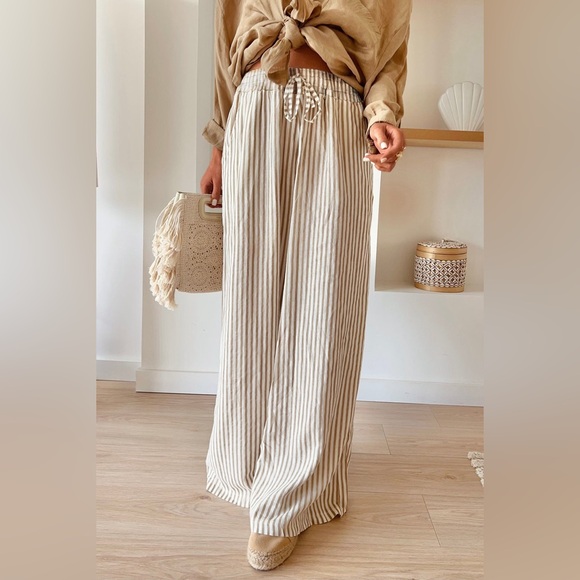 Khaki Stripe Print Wide Leg Drawstring Pants Bohemian - Picture 3 of 8